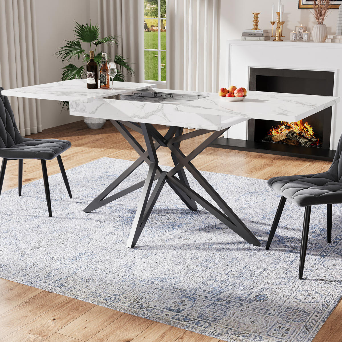 ESSTISCH, MDF mit Marmoroptik & Metallgestell, ausziehbar 120-160/80/66,1 cm, Weiß - Weiß, Holzwerkstoff (120/80/66.1cm) - Redom