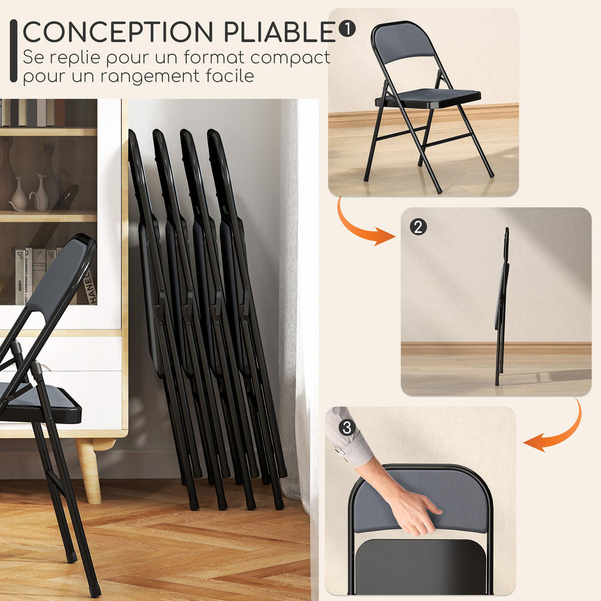 KLAPPSTUHL 4er-Set DE-13357 Rippvelours & Stahlrahmen Grau - Schwarz, Metall (46/78/45cm) - ComfortXL