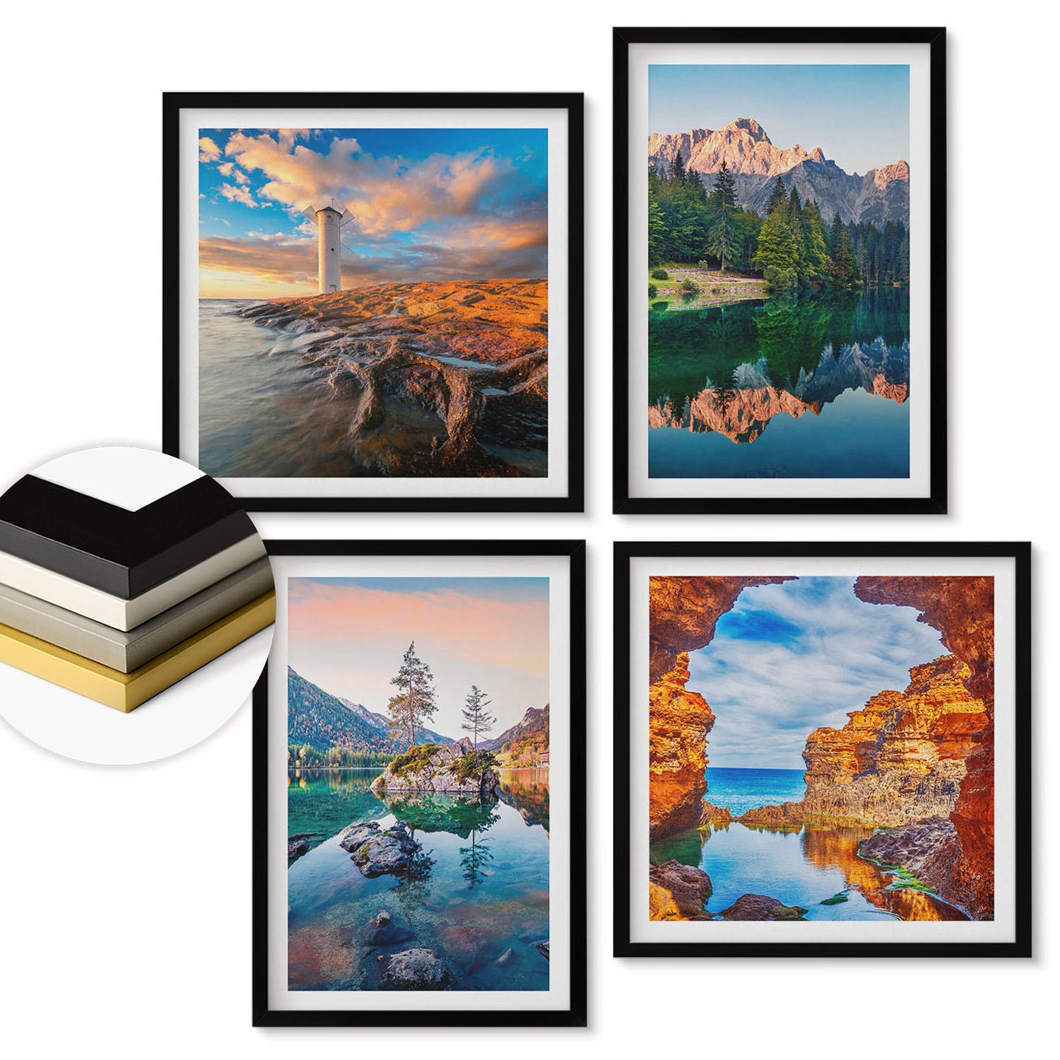 WANDBILDER 4er-Set - 50x50 cm & 40x60 cm Schwarzer Rahmen - Spiegelung der Felsen in Bergseen - Schwarz, Kunststoff (50/50cm) - ArtPrintCave