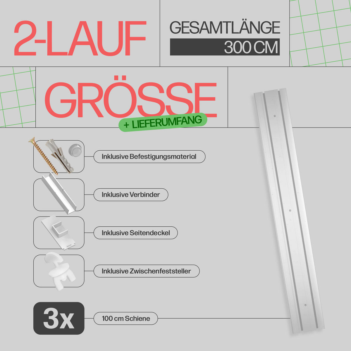 GARDINENSCHIENE Komplettset 2-läufig 300cm (3x100cm) - Weiß, Kunststoff (8/1.8/300cm) - Bestlivings