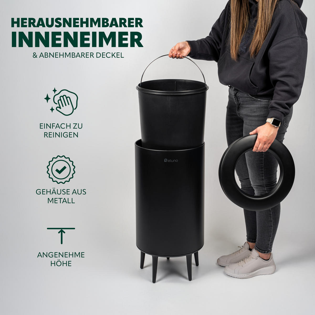 ABFALLEIMER, 36 Liter, aus Metall, schwarz - Schwarz, Metall (36/70/36cm) - eluno