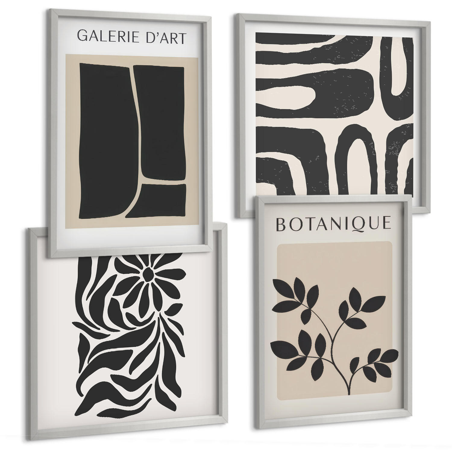 BILDER SET 4er Set - 50x50 cm & 40x60 cm Silberner Rahmen - Abstrakte Pflanzenmuster - Silberfarben, Kunststoff (50/50cm) - TULUP