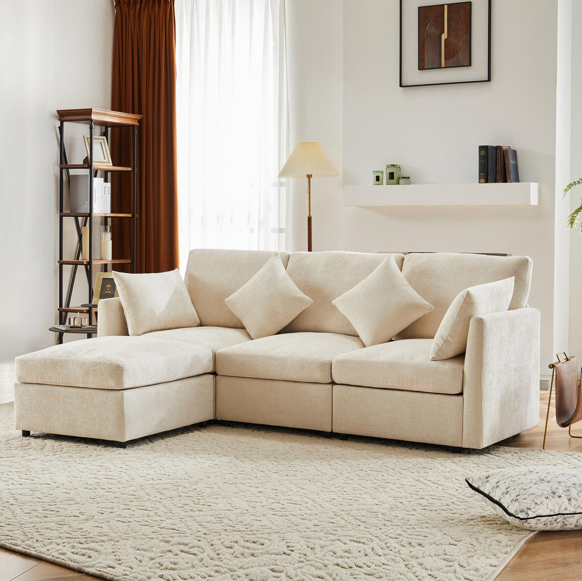 ECKSOFA 216/161/81 cm Beige aus Chenille mit Hocker und 4 Kissen - Beige, Textil (161/216cm) - OKWISH