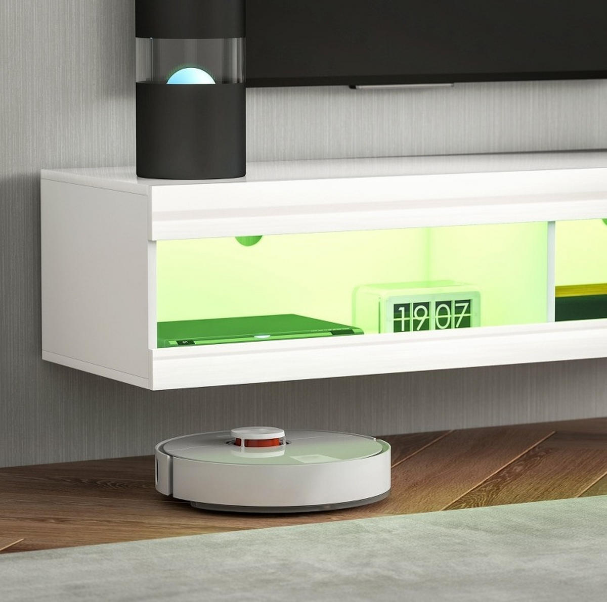 VISEĆI TV ormarić 140/40/30 cm sjajno bijeli od drva s RGB LED rasvjetom i upravljanjem kabela - bijela, drvni materijal (140/30/40cm) - OKWISH