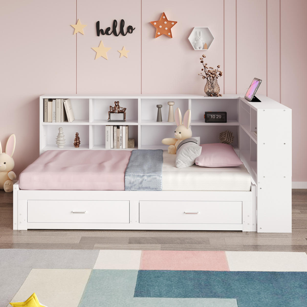 MULTIFUNKTIONSBETT 90/190 cm weiß aus Holz mit Ausziehbett Stauraum Steckdose - Weiß, Holzwerkstoff (90/190cm) - OKWISH