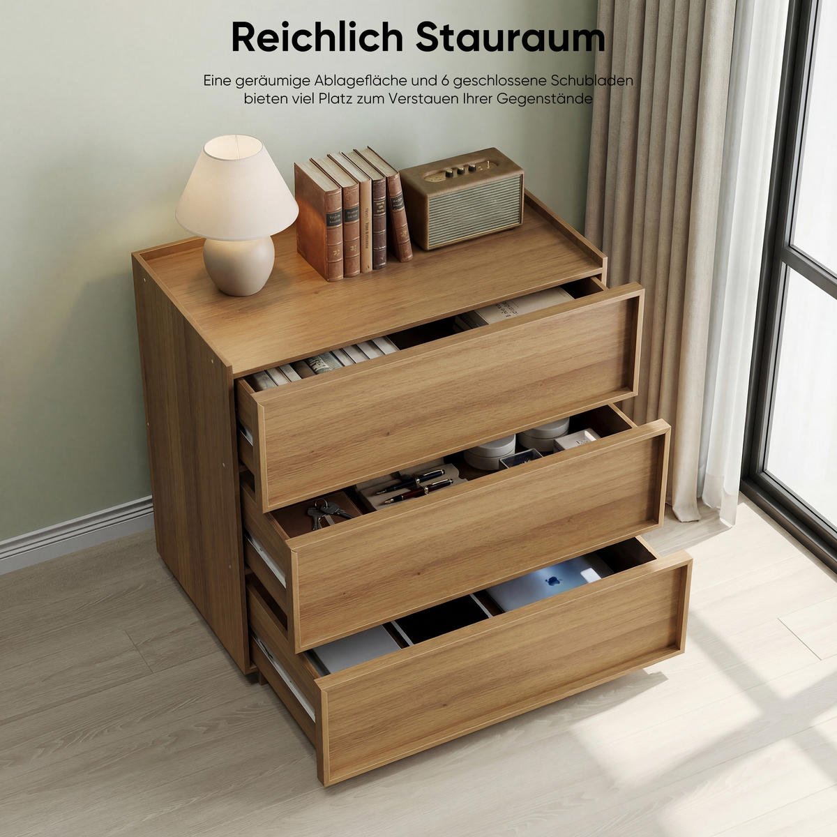 NACHTTISCH 80 cm Eiche – Nachtkommode mit 3 Schubladen & Kippsicherung - Eichefarben, Holzwerkstoff (80/78/48cm) - Urban Meuble