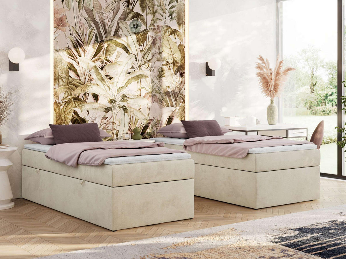 BOXBETT ZERO 90/200 - Beige Velvet - H3 - Topper T25 - Beige, Textil (90/200cm) - MKS