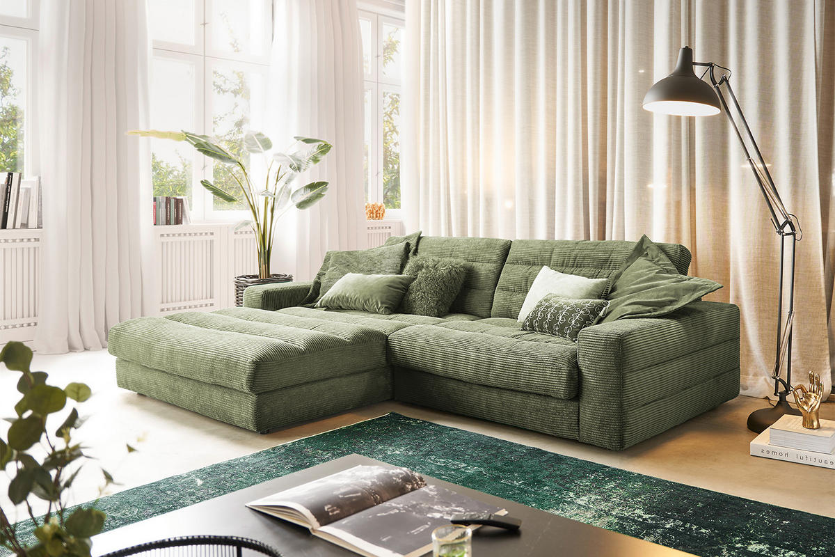 ECKSOFA LANA SOFA Grün Cord - Schwarz/Grün, Textil (296/205cm) - KAWOLA