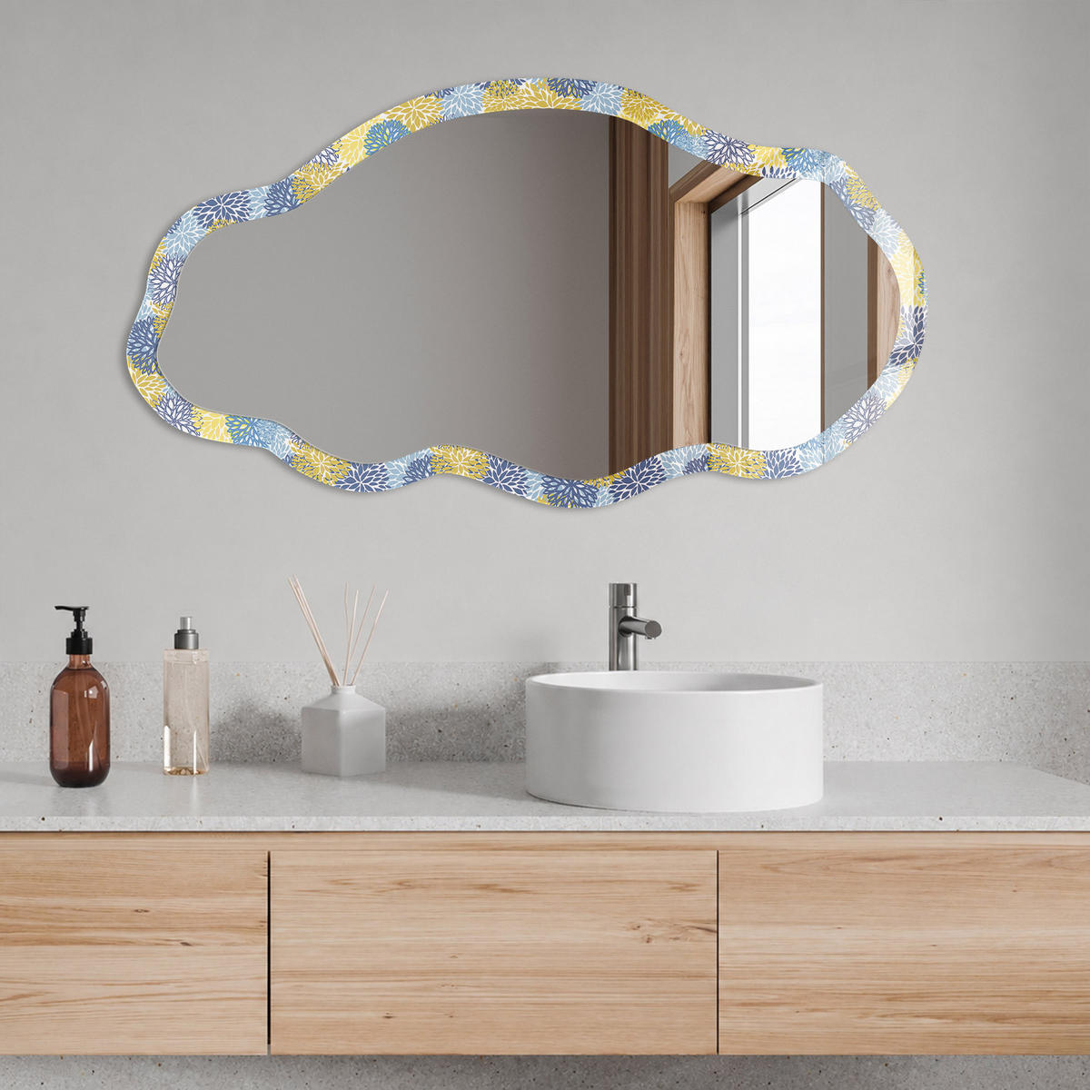 SPIEGEL 90x45 cm asymmetrisch mit Druck - Pflanzenmuster - Transparent, Glas (45/90/0.4cm) - TULUP