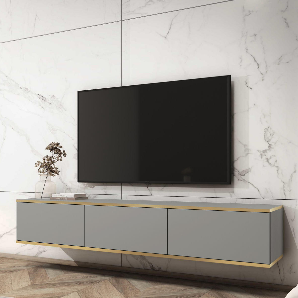 TV-LOWBOARD FORNO (Grau, Goldene Details, 3 Türen, 175 cm) - Grau, Holz/Holzwerkstoff (175/30/32cm) - Ravio