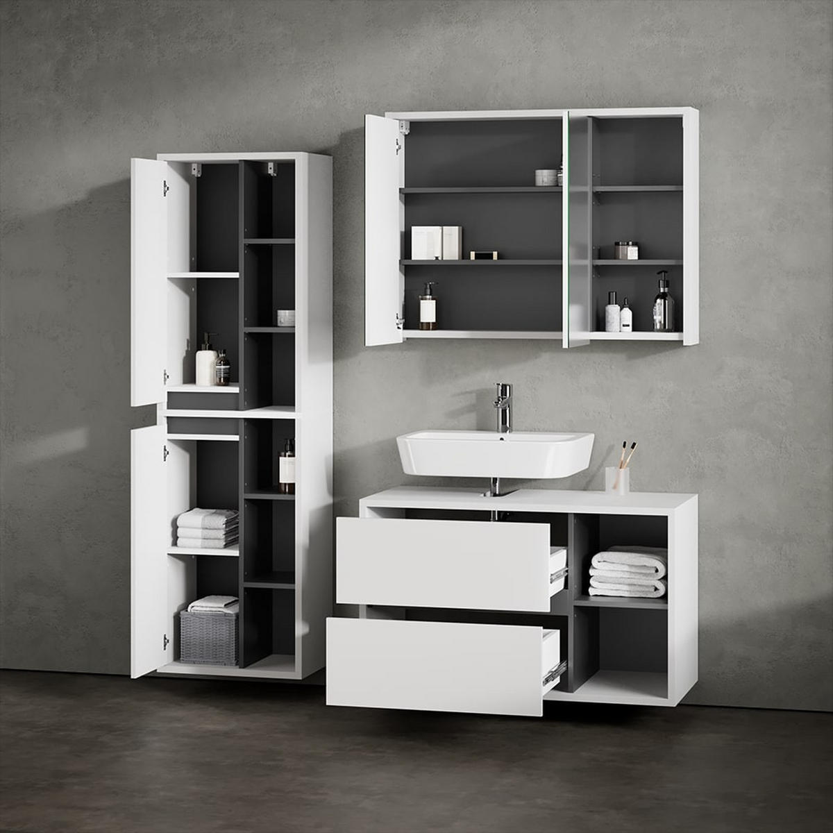 WASCHBECKENUNTERSCHRANK Vomano Weiß 100 x 60 cm - Anthrazit/Weiß, Holzwerkstoff (100/60/45.5cm) - Livinity®