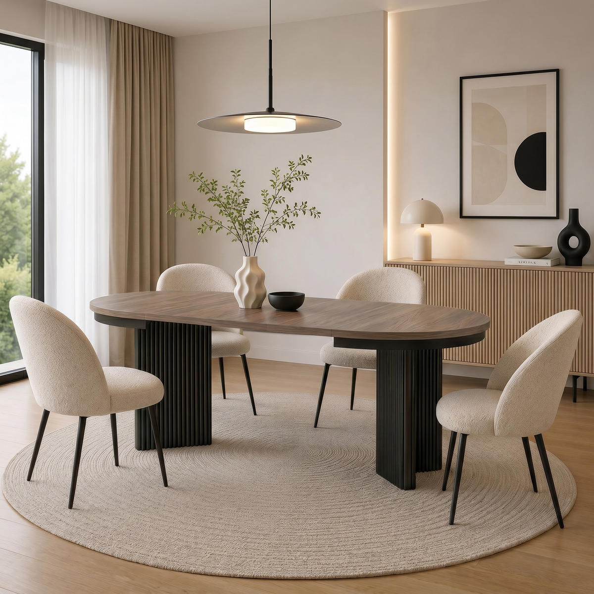 JÍDELNÍ STŮL Prestige, kulatý designový stůl, rozkládací Ø 100–180 cm, ořech + černá - černá/barva vlašského ořechu, kov (100/100/77cm) - Beautysofa