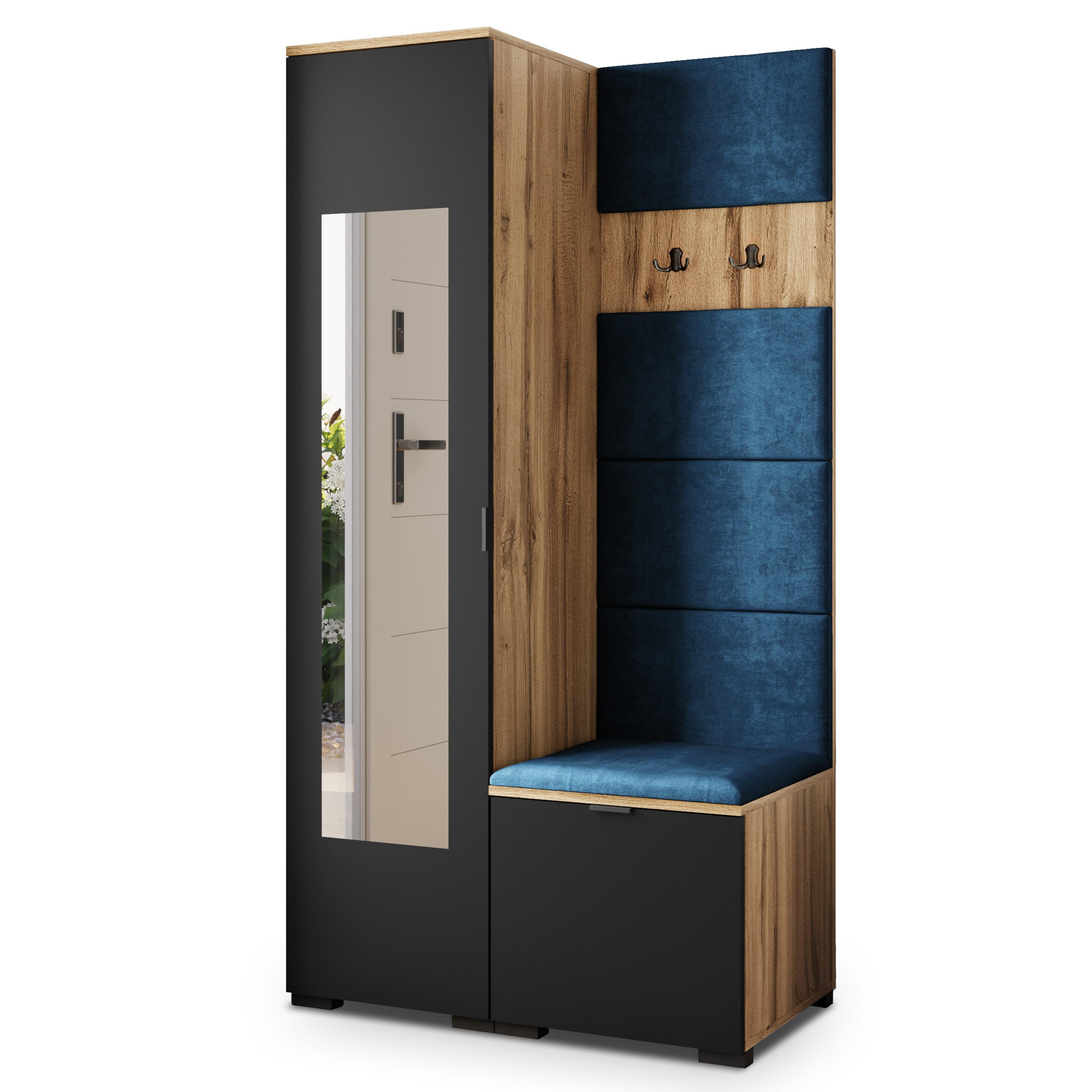 Masseno Garderobenschrank Eiche Wotan, Schwarz, Blau 95x181x51 cm