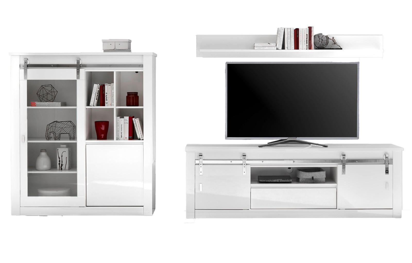 WOHNWAND weiß Hochglanz 3-teilig 349 x 170 cm, Wohnkombination inklusive LED-Beleuchtung, Soft-Close - Chromfarben/Weiß Hochglanz, Glas/Holzwerkstoff (349/170/43cm) - Furn.Design