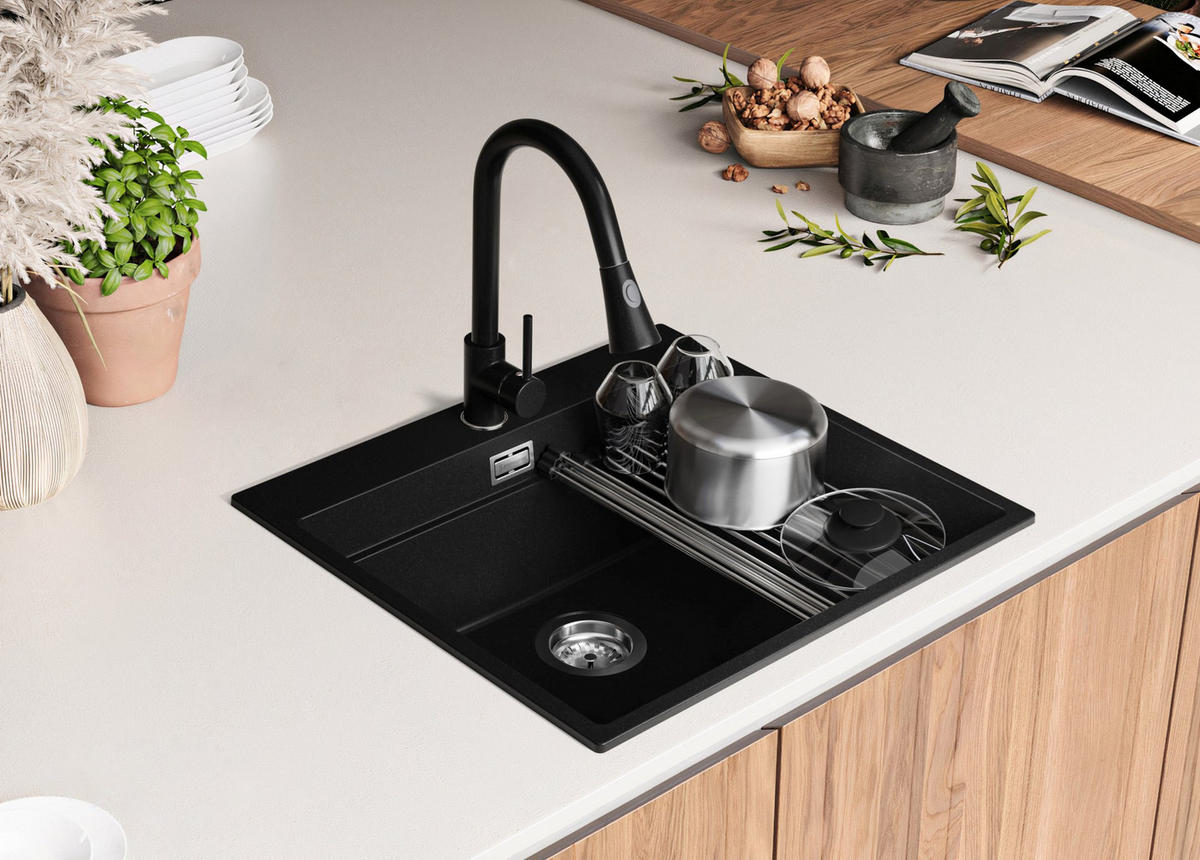 GRANITSPÜLE Oslo Max, 2-er set Alles Schwarz 58/53 cm 1 Becken + Küchenarmatur 32/20 cm + Ablauf-Set + Aufrollbare Abtropffläche ab 60er Unterschrank - Schwarz, Kunststoff (58/20/53cm) - Primagran