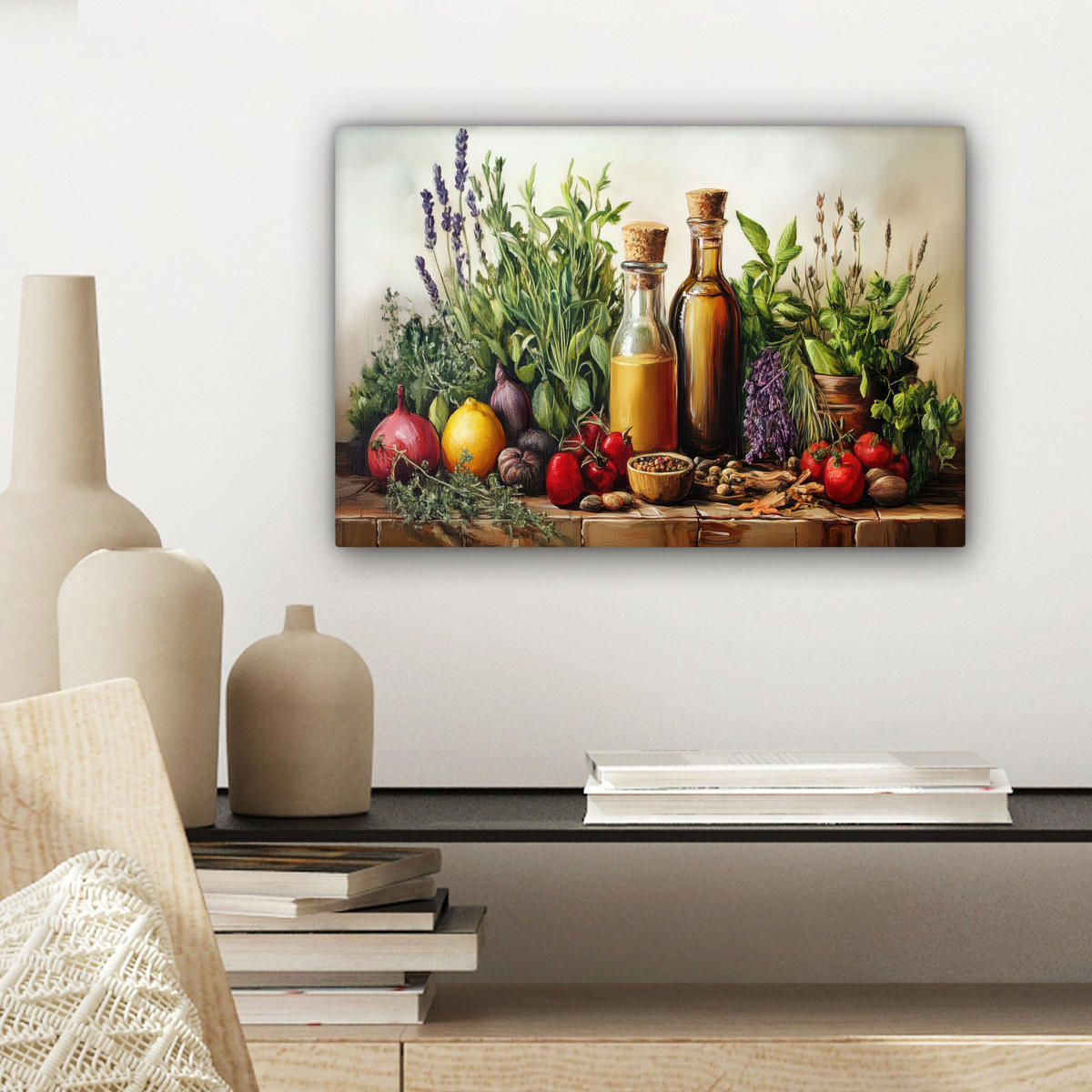 LEINWANDBILD Stilleben - Kräuter - Gewürze - Früchte - Farbenfroh Deko Schlafzimmer 30x20 cm - Grün, Textil (30/20cm) - MuchoWow