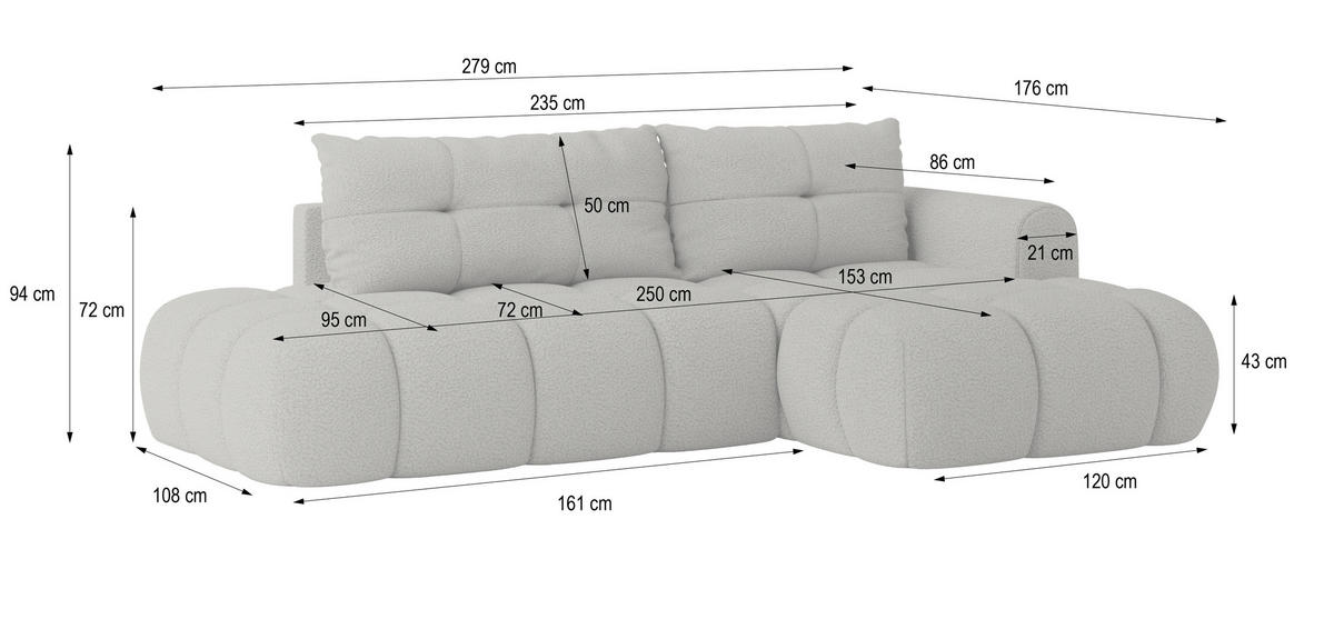 ECKSOFA FLUMA R-S Schwarz Boucle-Stoff mit Schlaffunktion - Schwarz, Holz (274/165cm) - MASSENO