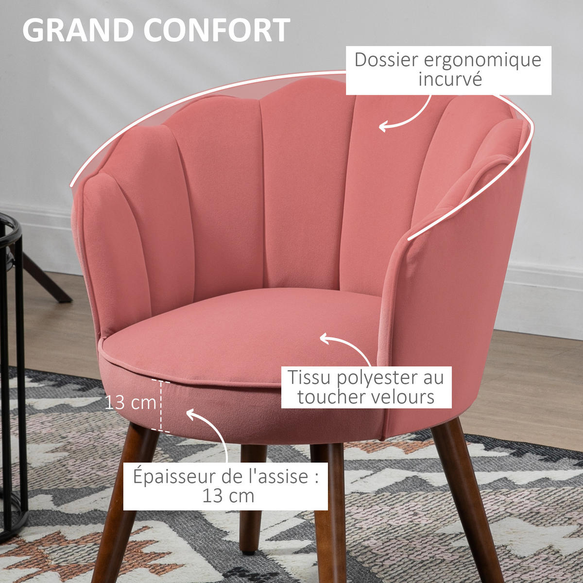 SESSEL DE-13382 Samtbezug & Gummibaumholzfüße Rosa - Pink, Textil (66/78.5/66cm) - ComfortXL