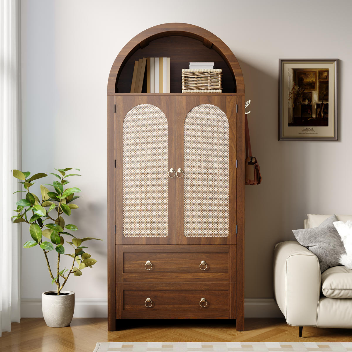 SIDEBOARD Rattan Bogen 2 Schubladen - Nussbaumfarben, Holz (80/180/40cm) - Fortuna Lai