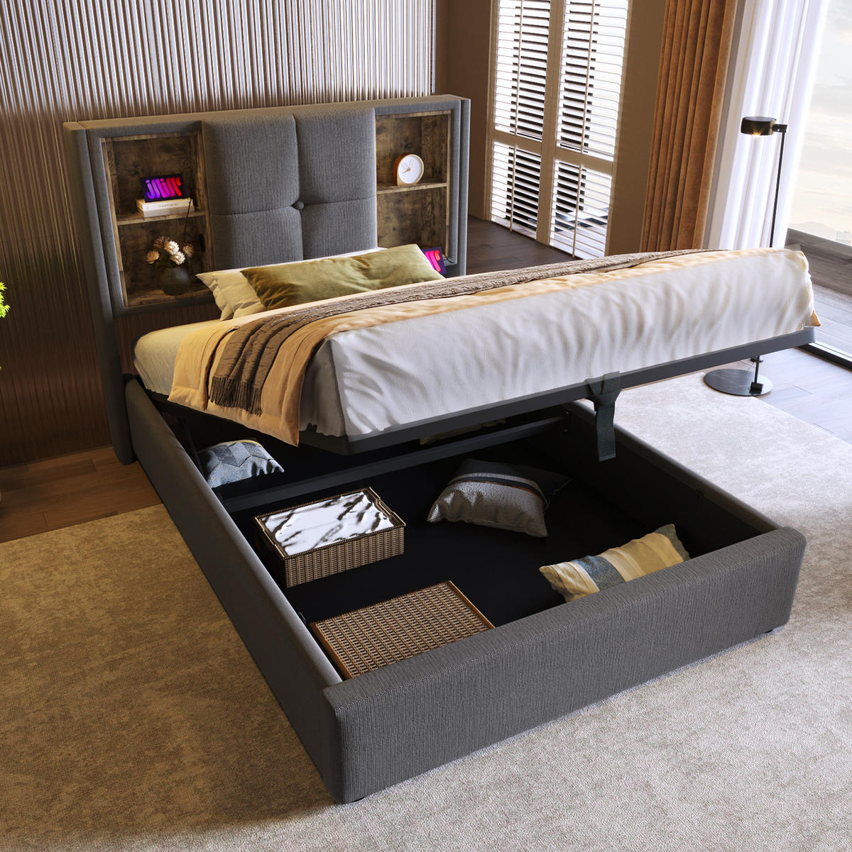 POLSTERBETT mit Stauraum und USB 90x200 cm Baumwolle Grau - Grau, Metall (90/200cm) - Meubliv