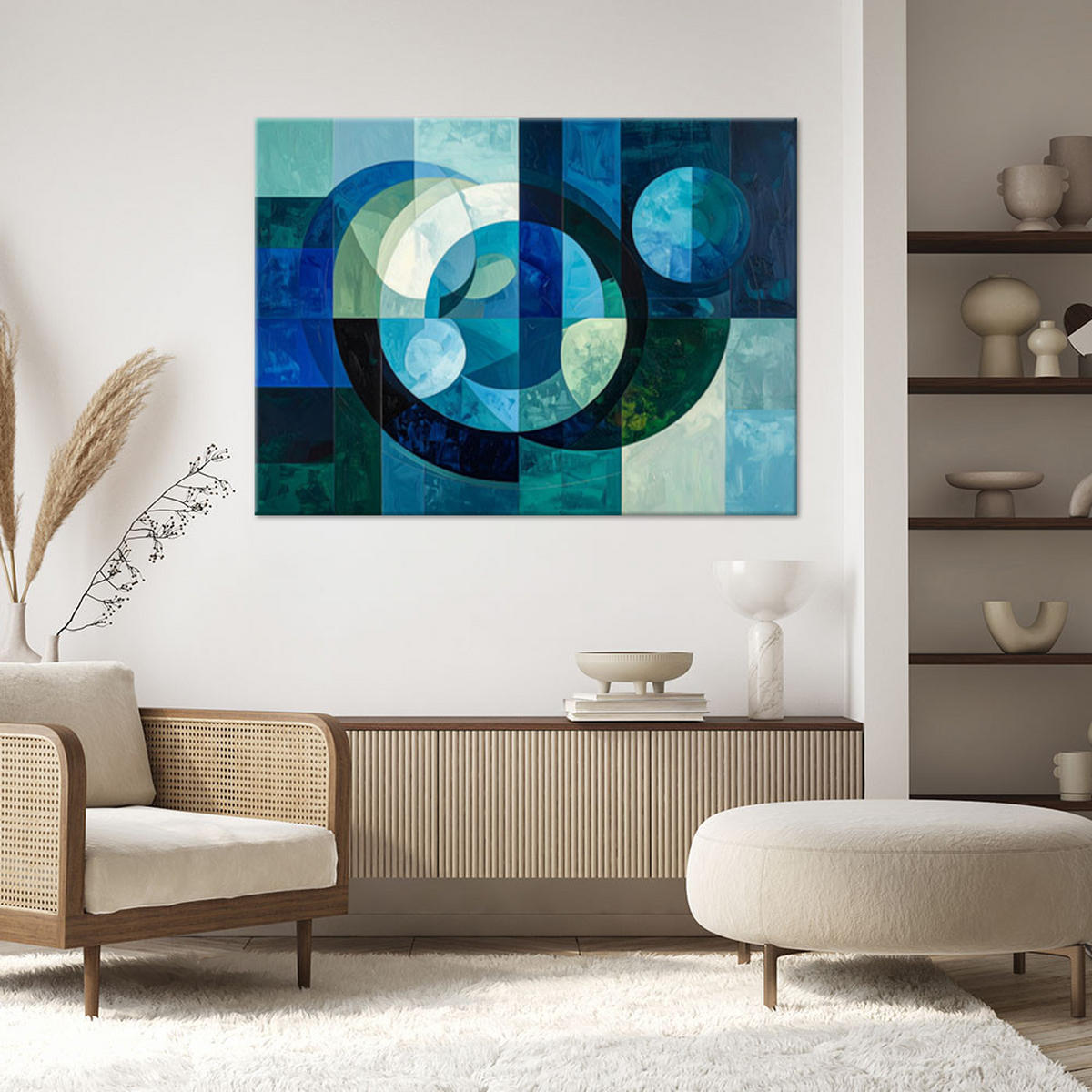 BILD auf Leinwand, Moderne Abstraktion mit Kreisen in Blau - Blau, Textil (30/20cm) - Feeby