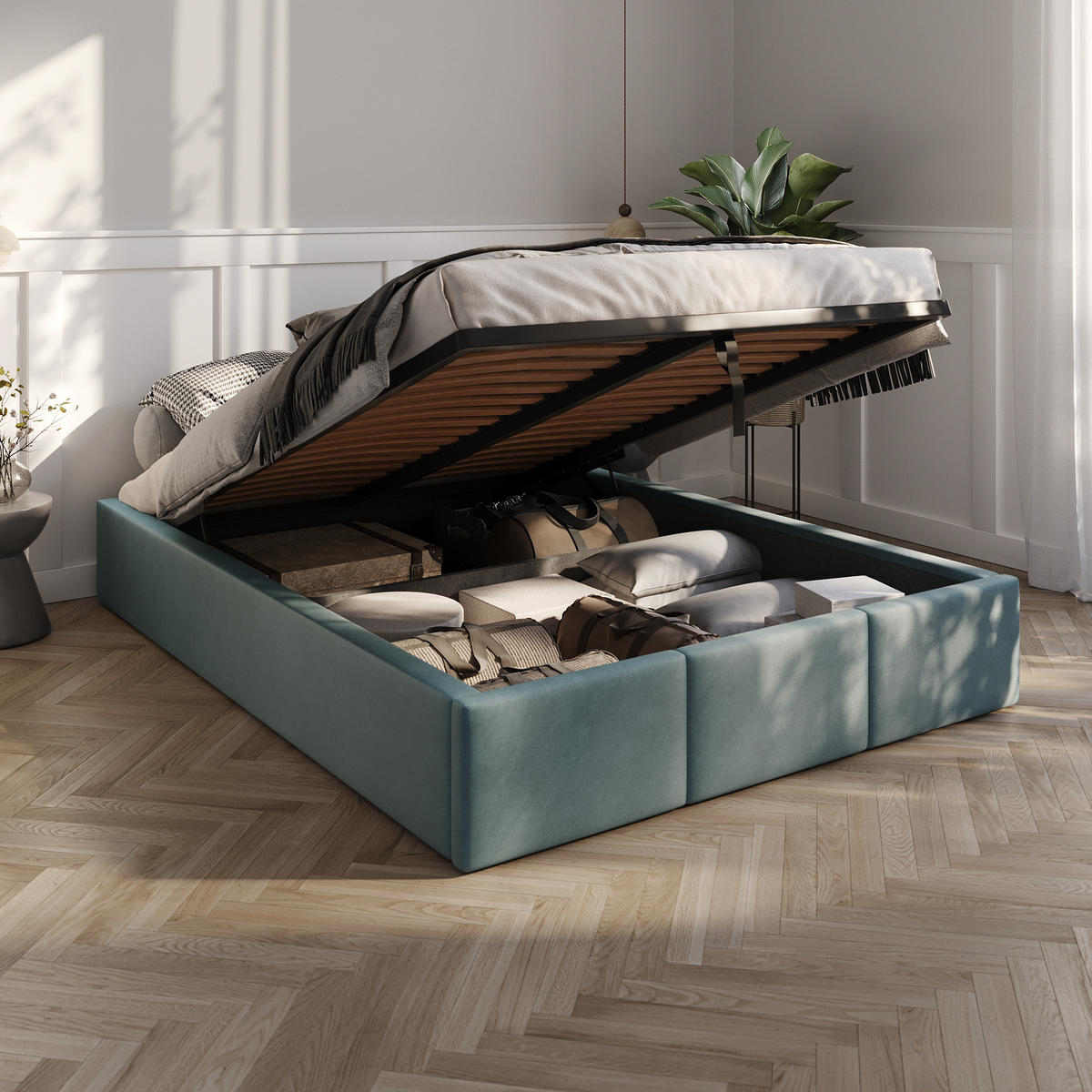 POLSTERBETT für Schlafzimmer Bett mit Stauraum Meerfarbe 140x200cm - Blau, Holzwerkstoff/Textil (160/200cm) - Muralo