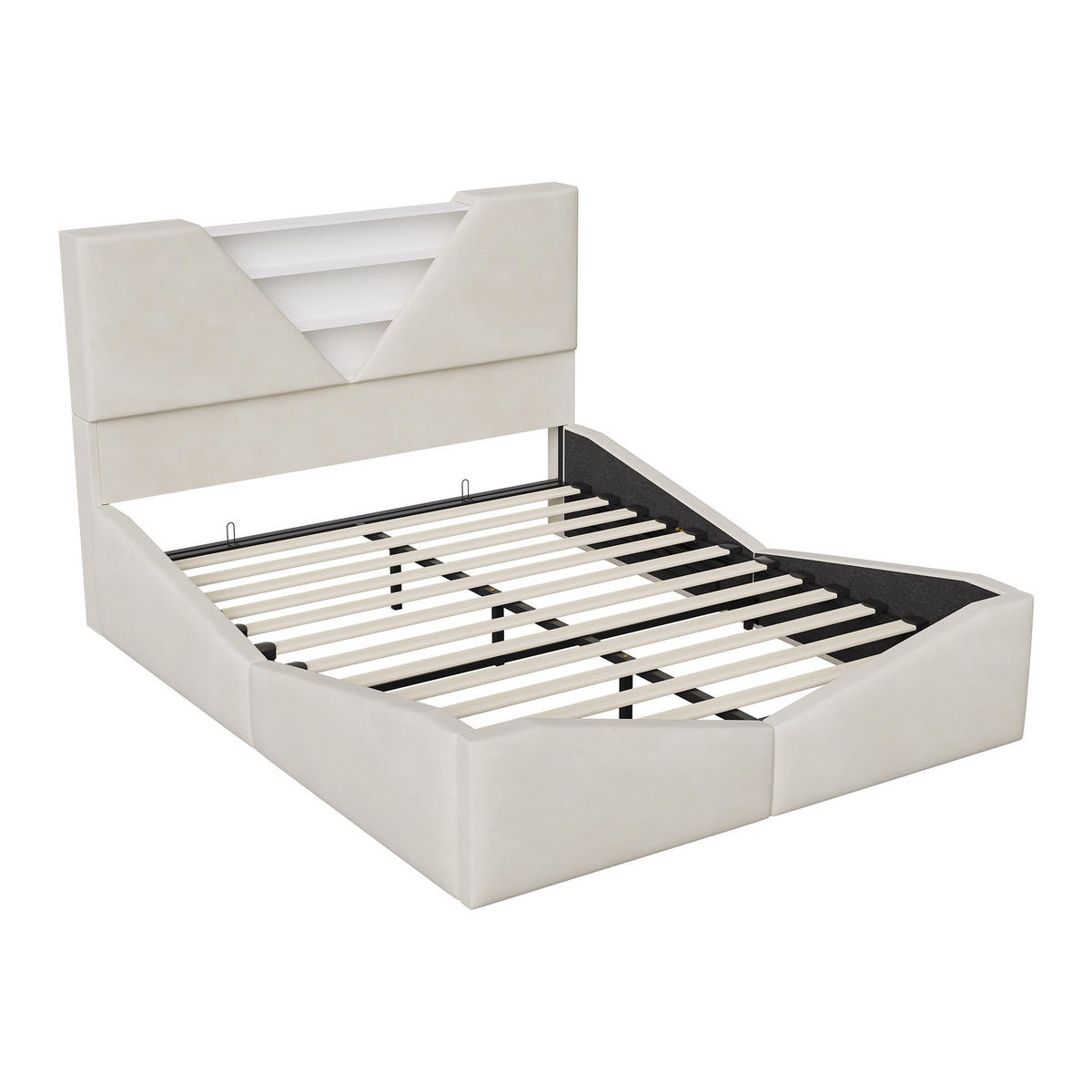 POLSTERBETT 140x190 cm mit Bettkasten, LED & USB, Doppelbett mit Kopfteil Stauraum, Beige - Beige, Metall (140/190cm) - EuroLiving