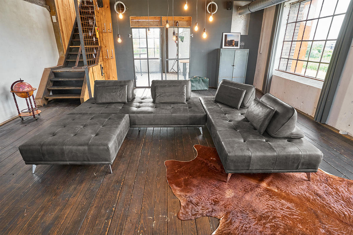 MODULSOFA MIT HOCKER WIOLO Grau Leder - Silberfarben/Grau, Leder (350/83/240cm) - KAWOLA