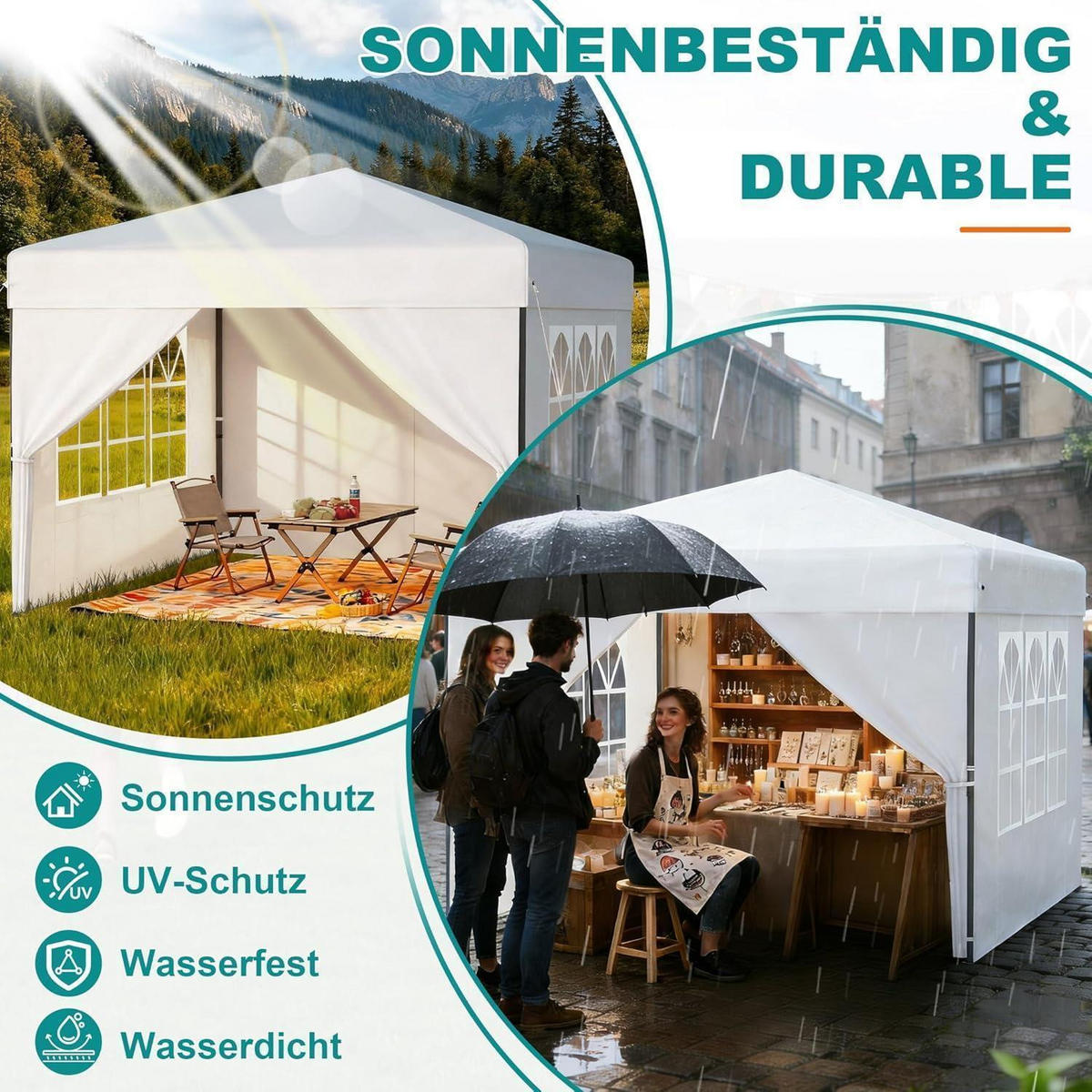 FALTPAVILLON 2,5 x 2,5 m mit One-Touch Lift und Seitenwänden Weiß - Weiß, Textil (250/260/250cm)