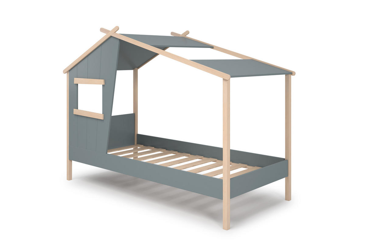 HÜTTENBETT mit schrägem Dach und verspieltem Fenster 90x190 cm 103/215,4/158.5 cm - Grün, Holz (90/190cm) - Calicosy