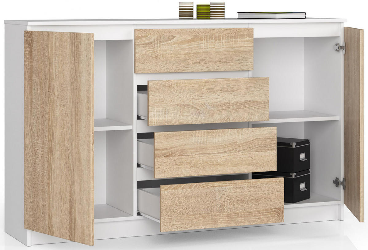 KOMMODE Weiß, Eiche Sonoma 99/160/40 - Weiß, Holzwerkstoff (160/99/40cm) - RAUMHIRSCH FURNITURE