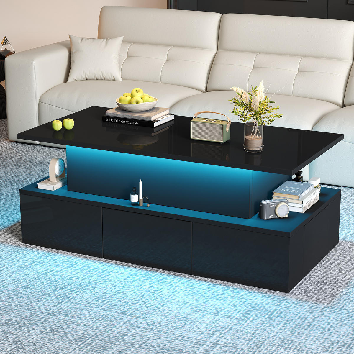 COUCHTISCH 100x50x40 cm Schwarz LED Lift 4 Schubladen Stauraum - Multicolor, Holzwerkstoff (100/50/40cm)