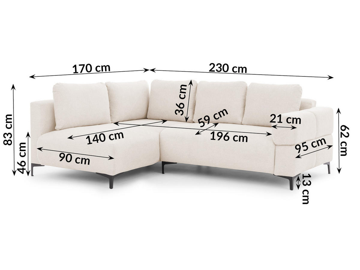ECKSOFA Cardea in Bubble-Optik aus weichem Creme Strukturstoff mit hohem Sitzkomfort - Ottomane links - Creme/Schwarz, Holz/Textil (170/230cm) - S-Style Möbel
