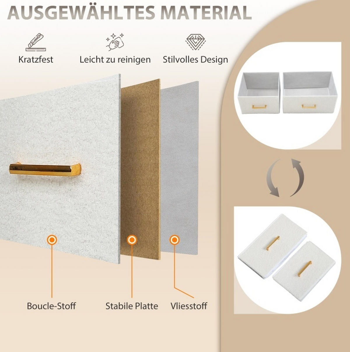 KOMMODE aus Polyester 110x30x76 cm Cremeweiß mit 8 Schubladen, Ladestation und Bouclé-Oberfläche - Creme, Holzwerkstoff (110/76/30cm) - Modfu