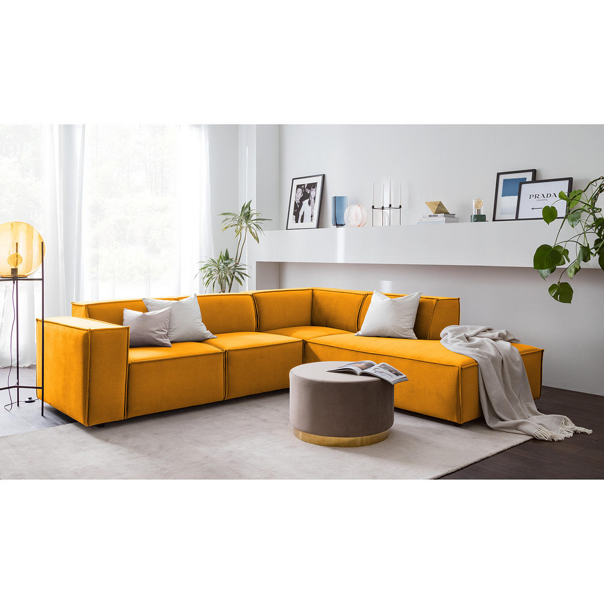 ECKSOFA mit Ottomane - Gelb/Schwarz, Kunststoff/Textil (260/234cm) - home24