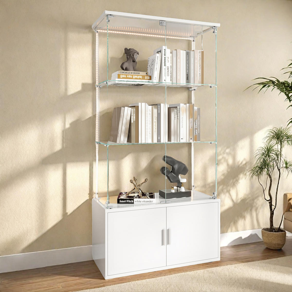 GLASVITRINE weiß 3 Etagen mit LED-Beleuchtung - Weiß, Glas (35/164/78.5cm) - SHOPENTRA