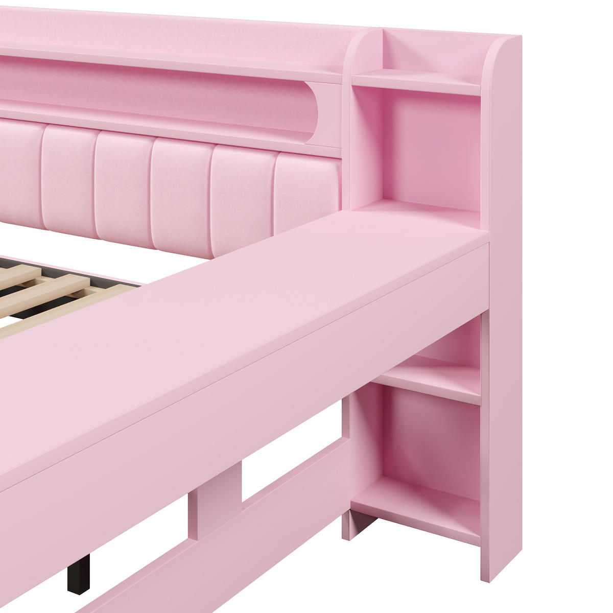 POLSTERBETT 140/200 cm & 90/190 cm in Rosa Leinen mit Ausziehbett, LED, USB und Schreibtisch - Rosa, Holzwerkstoff/Textil (140/200cm) - WISHDOR
