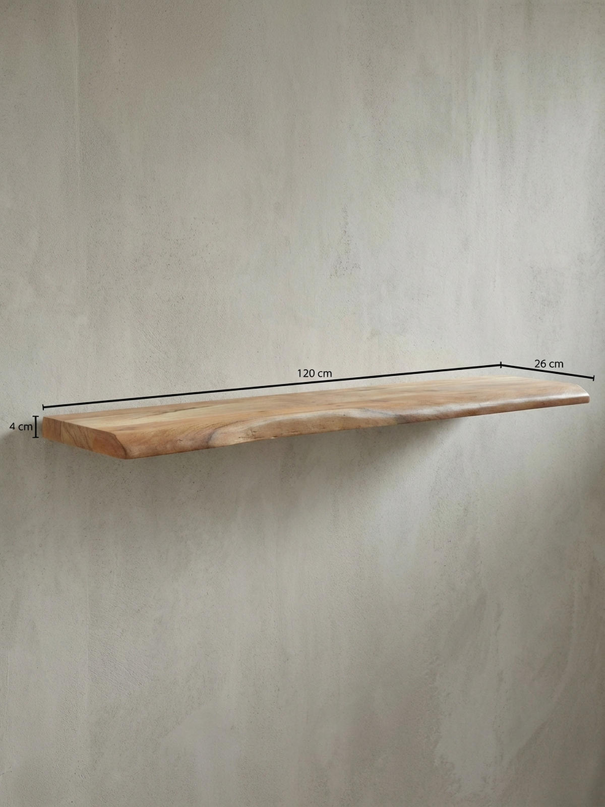 WANDREGAL Akazienholz Baumkante Rustikal, Beige 120x26x4 cm - Beige, Holz (120/4/26cm) - KADIMA DESIGN