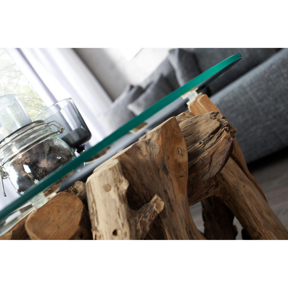 COUCHTISCH NATURE LOUNGE Teakholz rund 60cm - Transparent/Braun, Glas/Holz (60/60/40cm) - riess-ambiente