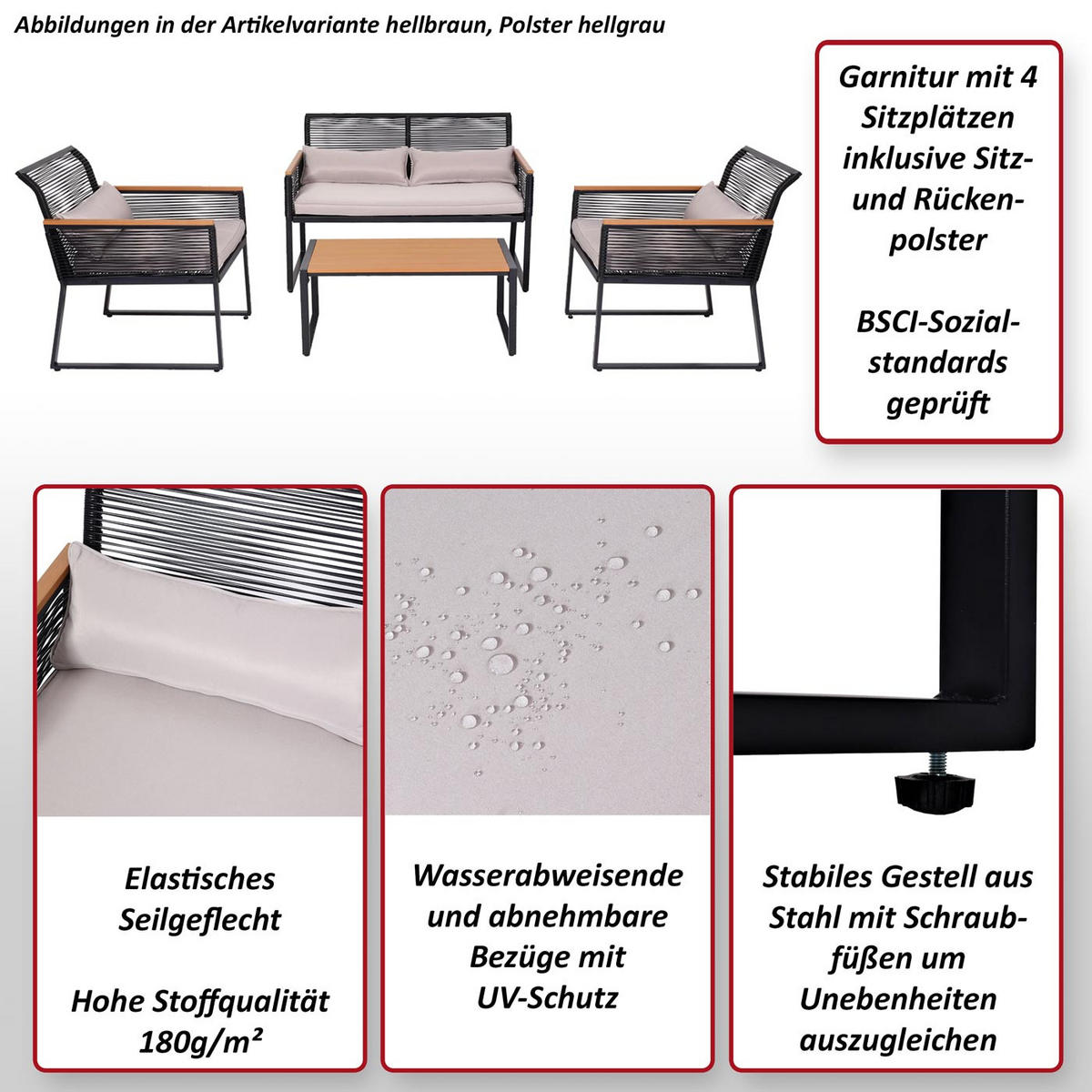 GARTEN-GARNITUR Schwarz, Braun, Hellgrau - Hellgrau/Schwarz, Metall - MCW