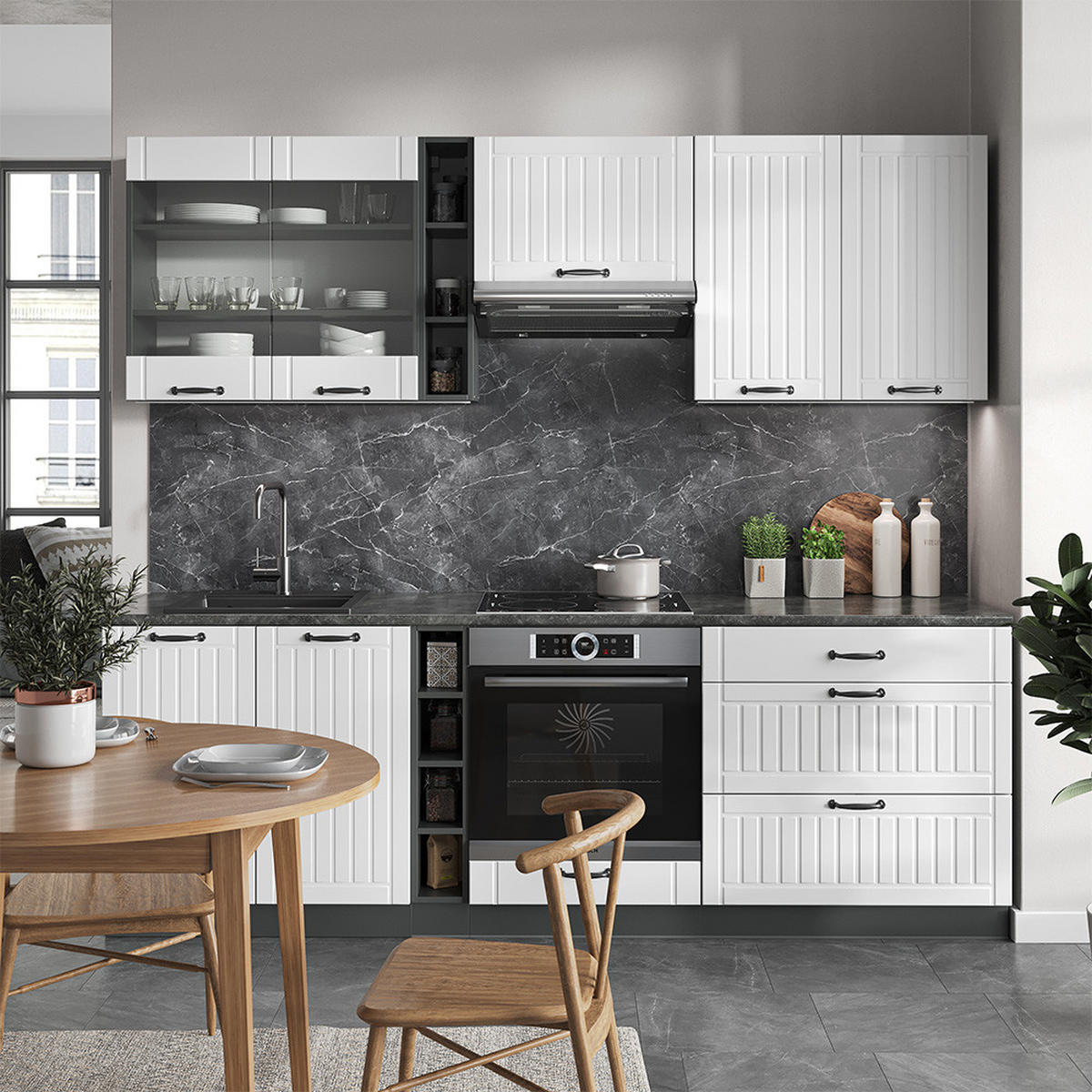 KÜCHENZEILE Fame-Line Weiß Landhaus/Anthrazit 235 cm, AP Marmor - Anthrazit/Creme, Holzwerkstoff (235/81.6/60cm) - Vicco