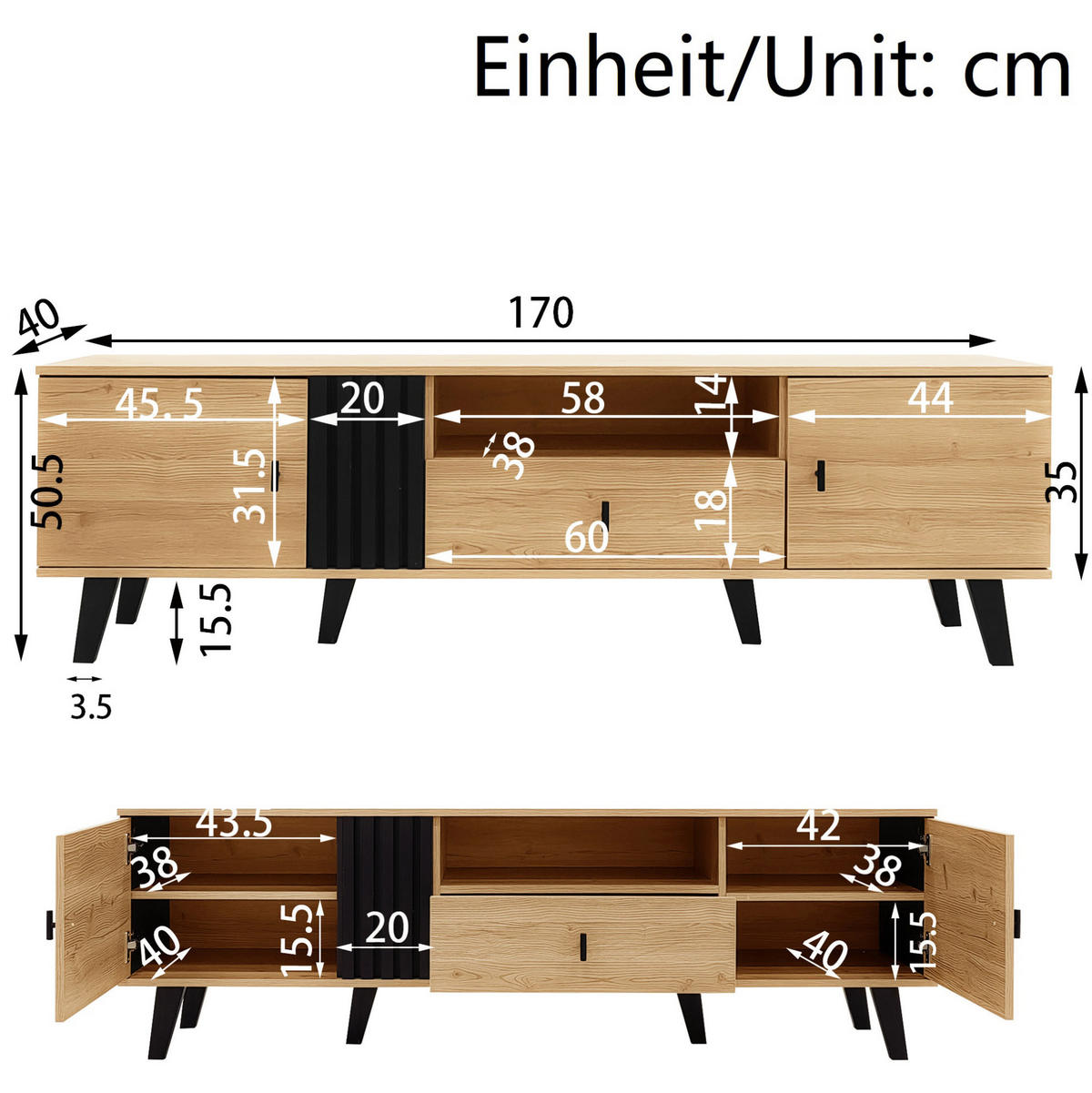 WOHNZIMMERMÖBEL-SET 3-teilig 100/60/45, 170/40/50,5, 140/41/78,5 cm mit LED, Glas und Stauraum, Schwarz/Holzfarben - Schwarz, Holzwerkstoff (100/45/60cm) - Redom