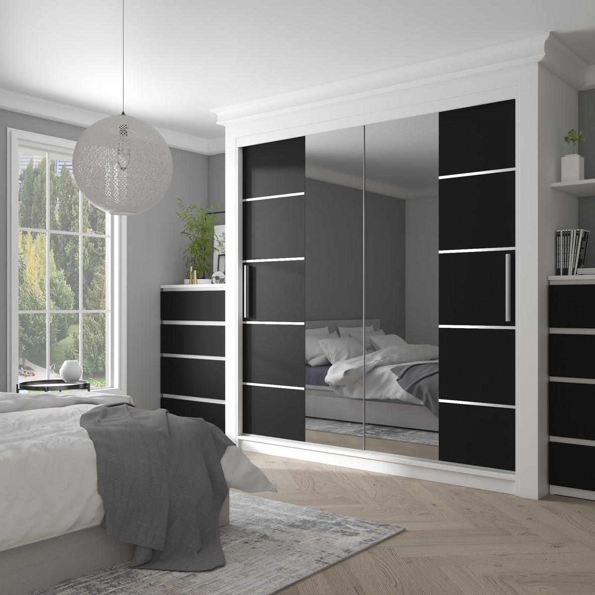 SCHWEBETÜRENSCHRANK Verona ME, Weiß/Schwarz Matt, 200 cm, mit Spiegel & Schubladen - Schwarz, Holz (200/216/60cm) - B BELINI GROUP