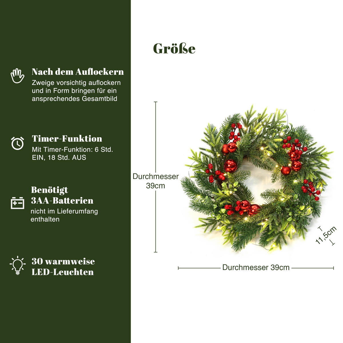 WEIHNACHTSKRANZ Ø40cm mit Beeren & Kugeln, 30 LEDs mit Timer - Dunkelgrün, Naturmaterialien (40cm) - Hometopia