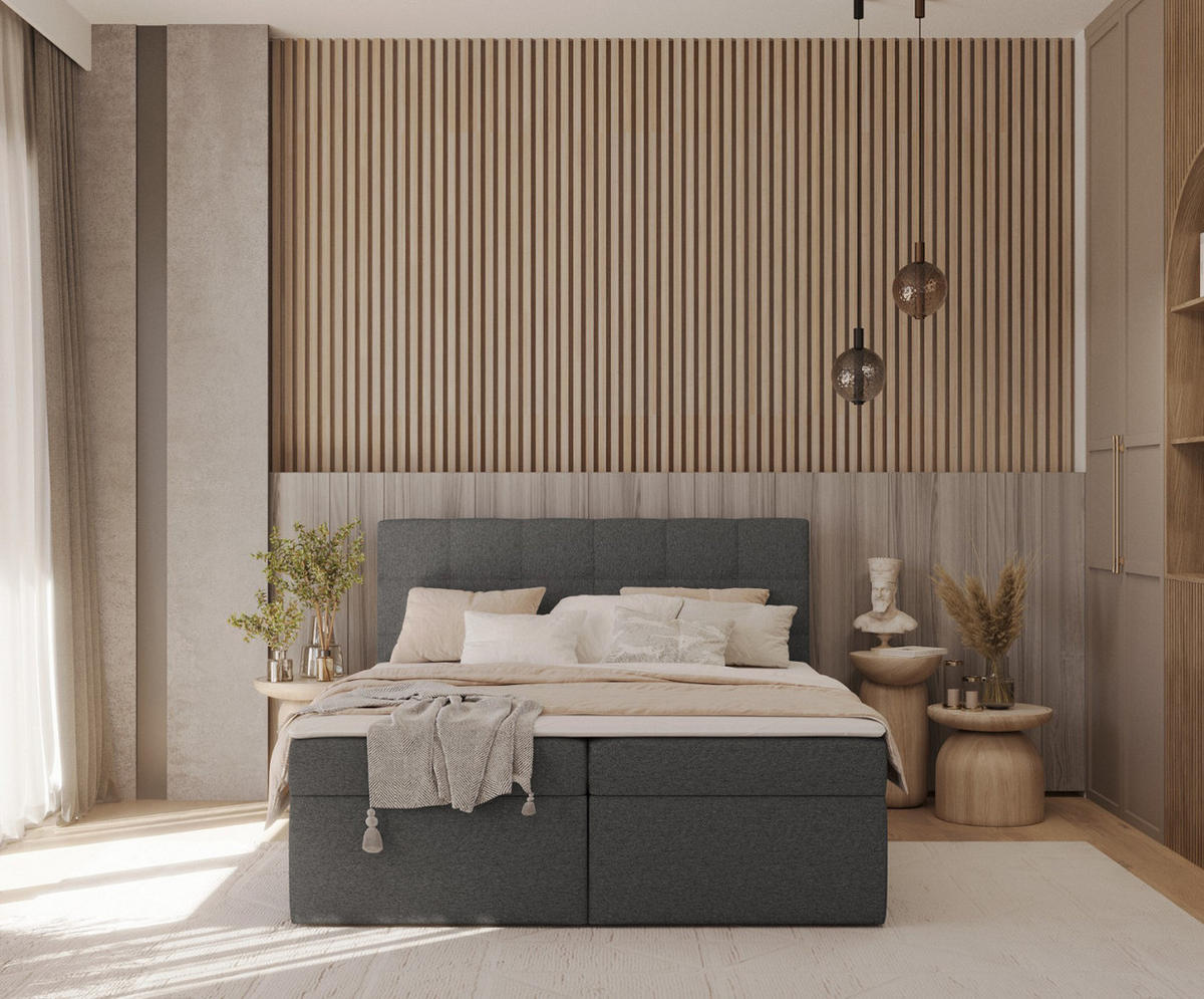 BOXBETT Lean 160/200 cm Anthrazit im Megan Stoff - Anthrazit/Schwarz, Holz/Holzwerkstoff (160/200cm) - AltaBeds