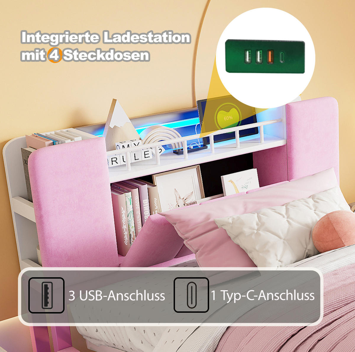 KINDERBETT mit LED, USB und Stauraum 90x200 cm Rosa - Pink, Metall (90/200cm) - Meubliv