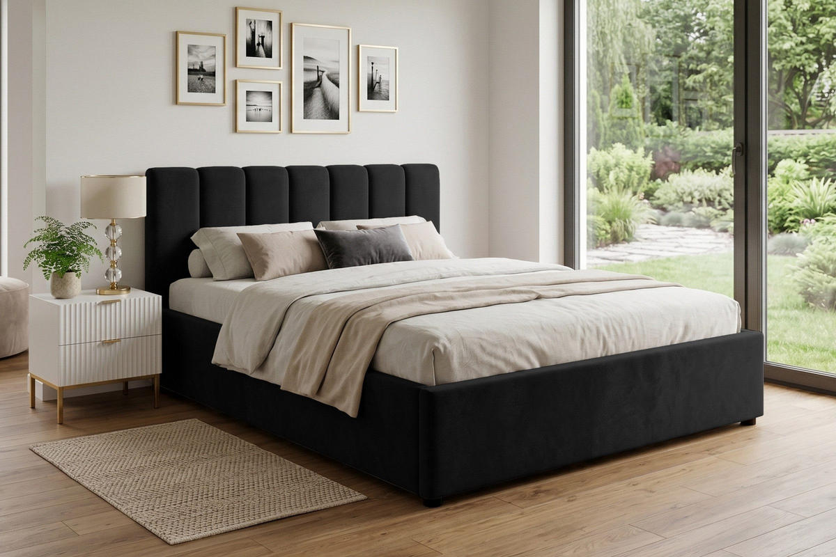 POLSTERBETT VIANA 180/200 in Velours Schwarz - Schwarz, Holz/Holzwerkstoff (180/200cm) - Deine Möbel 24