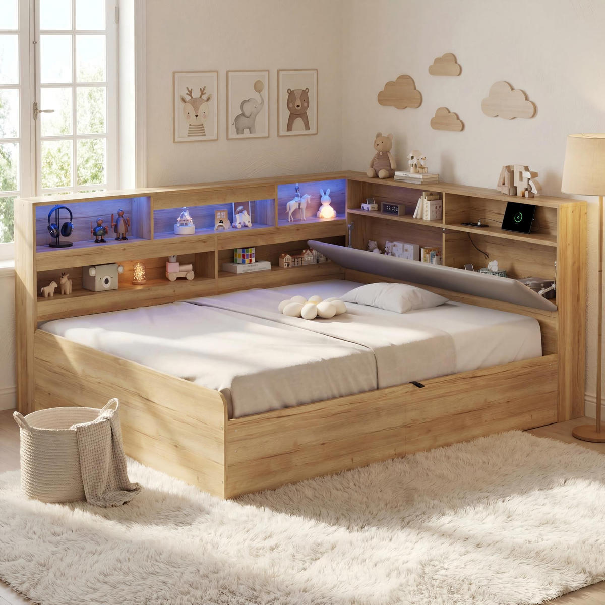 DAYBETT Natur 140x200 LED USB Hydraulik Stauraum Holz - Naturfarben, Holzwerkstoff (140/200cm) - FLIEKS