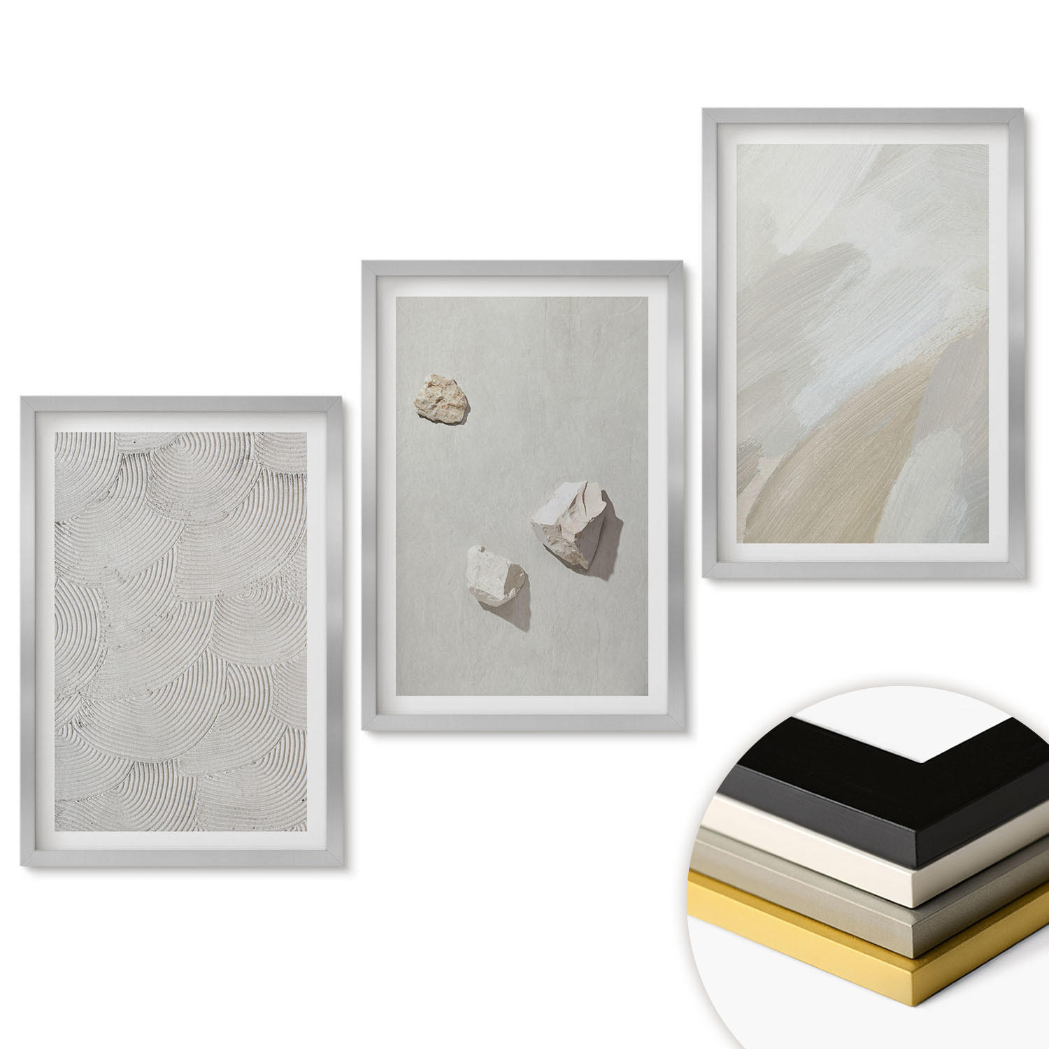 WANDBILDER 3er Set - 40x60 cm Silberner Rahmen - Sandsteine moderne Farbe - Silberfarben, Kunststoff (40/60cm) - ArtPrintCave