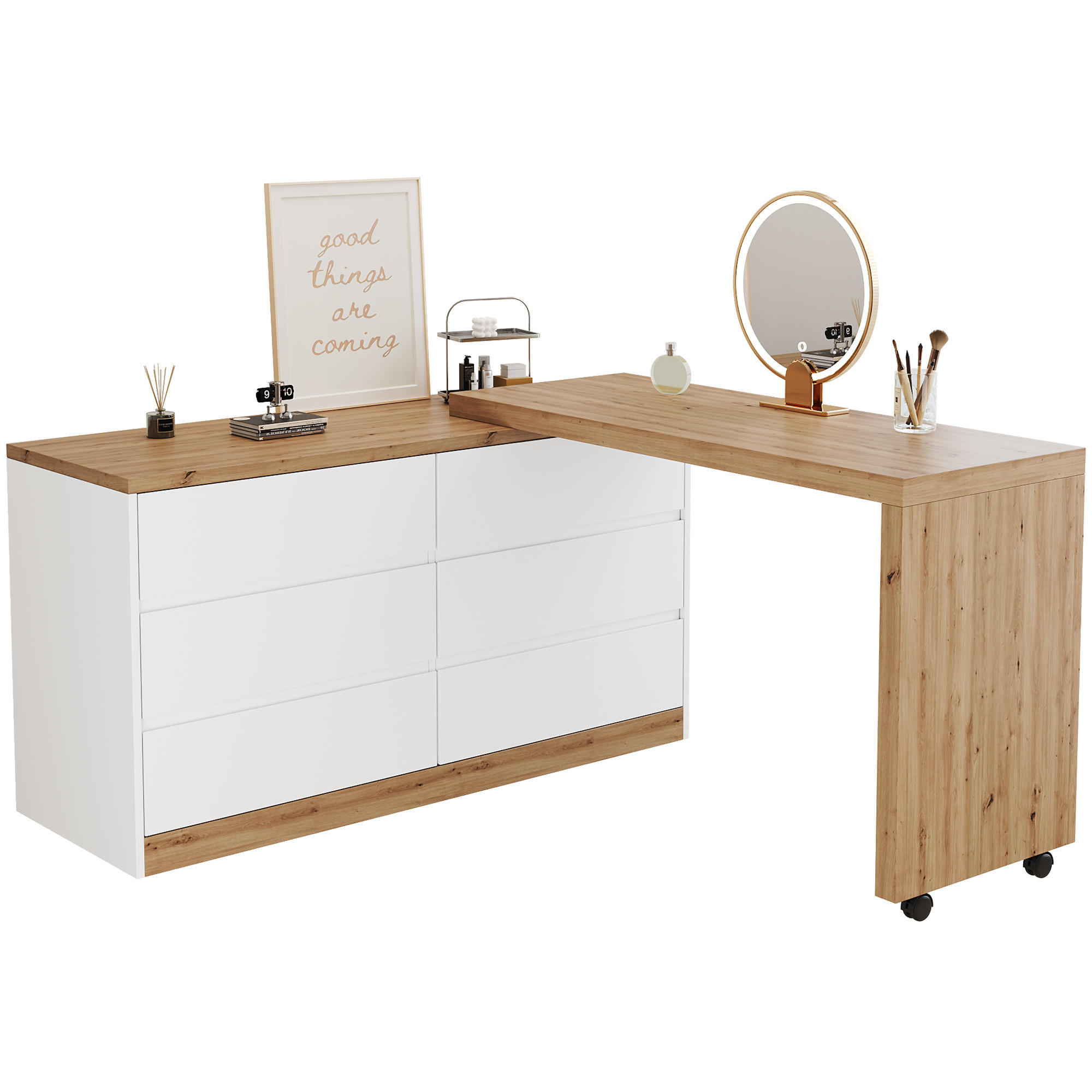 SCHREIBTISCH Klappbar Drehbar Rollen Weiß Eiche Modern - Multicolor, Holzwerkstoff (50/120/78cm) - FLIEKS